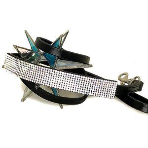 8-Row Clear Crystal & Black Leather Leash, 4 ft